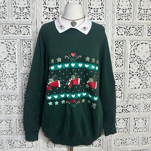 Vintage Green Christmas Holiday Angel Collared Sweatshirt Sz 2X